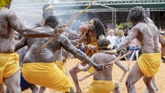 GARMA opening ceremony this evening. Gumatj clan dancers perform bunggul (ceremonial dance) for the PM Anthony Albanese, before presenting him with a Bathi. Picture: Peter Eve.