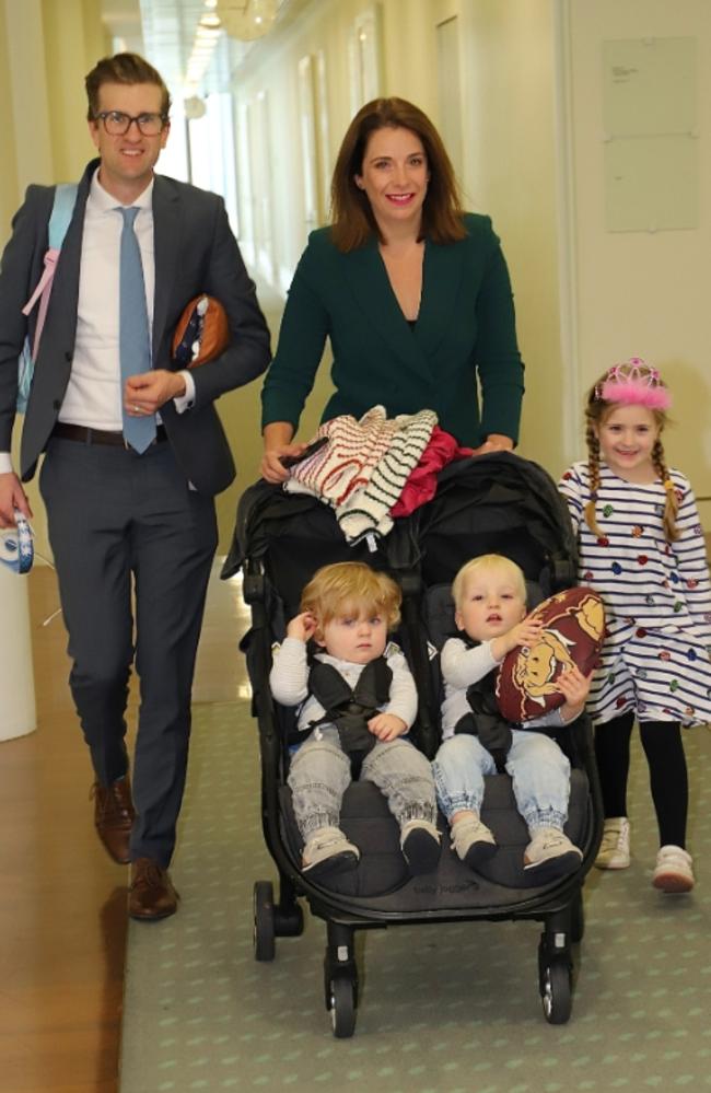 Anika Wells pictured with her husband Finn, daughter Celeste and twins Dash and Oshy at Parliament House before being sworn in.