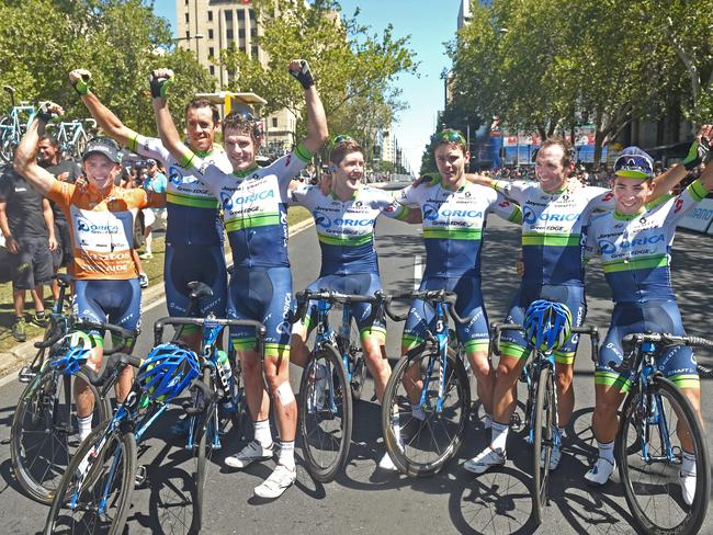 Orica-GreenEDGE team-mates celebrate Simon Gerrans (left) winning the 2016 Tour Down Under. Photo: Tom Huntley