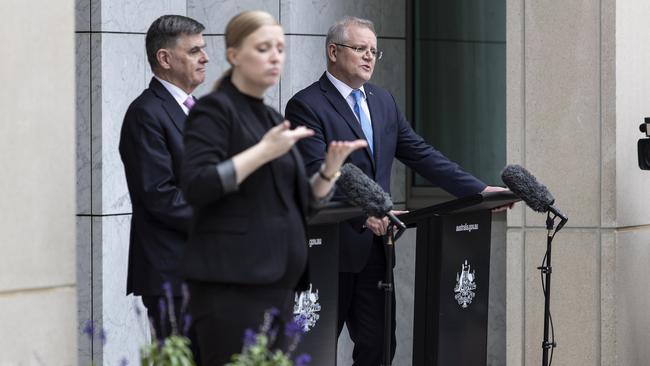 Prime Minister Scott Morrison with CMO Brendan Murphy during a press conference at Parliament House in Canberra. Picture Gary Ramage