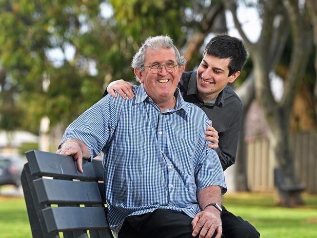 31/08/20 - Paul Cronin, with Son Daniel.  Paul is lucky to be alive - he is a blood cancer sufferer and contracted COVID-19.  He is now part of two SA studies looking at helping COVID-19 patients.  Pictured near his Seacombe Gardens home.Picture: Tom Huntley