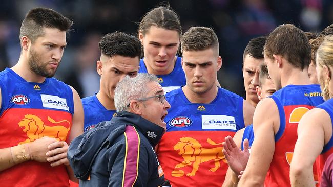 Chris Fagan gives his Lions a spray at three quarter time. Picture: AAP Image/Julian Smith