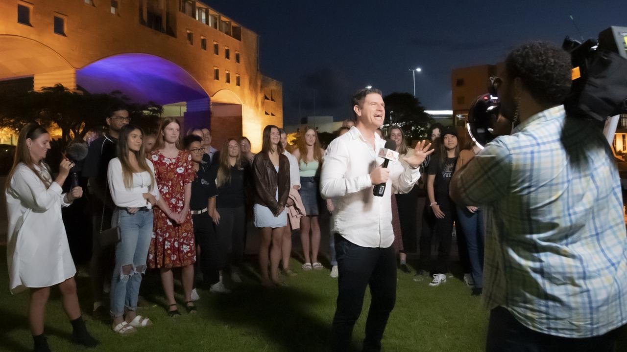 Sunrise weatherman Sam Mac with students at Bond University. Picture: Cavan Flynn/Bond University.