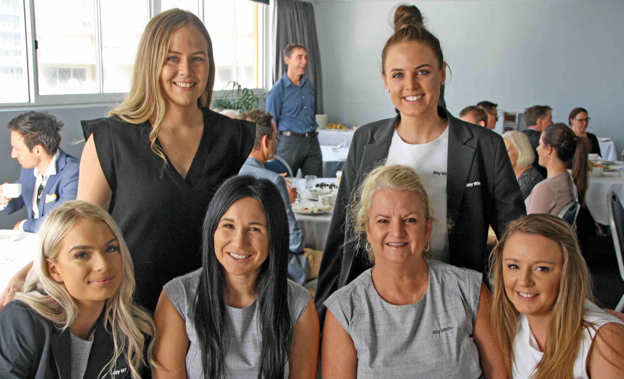 ?Tamara Piplica and Emily Walsh, back, Chelsea Norman, Danielle Antonelli, Sue Fisher and Danielle Kent at the Ray White breakfast at Maroochy Surf Club. Picture: Erle Levey