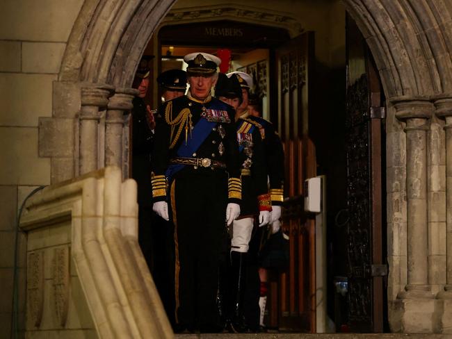 King Charles III leads Princess Anne, Prince Andrew and Prince Edward to the final vigil. Picture: AFP.