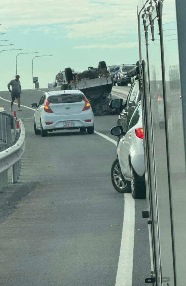 The vehicle rollover along Roys Rd at Beerwah near the Bruce Hwy on Friday. Picture: Facebook