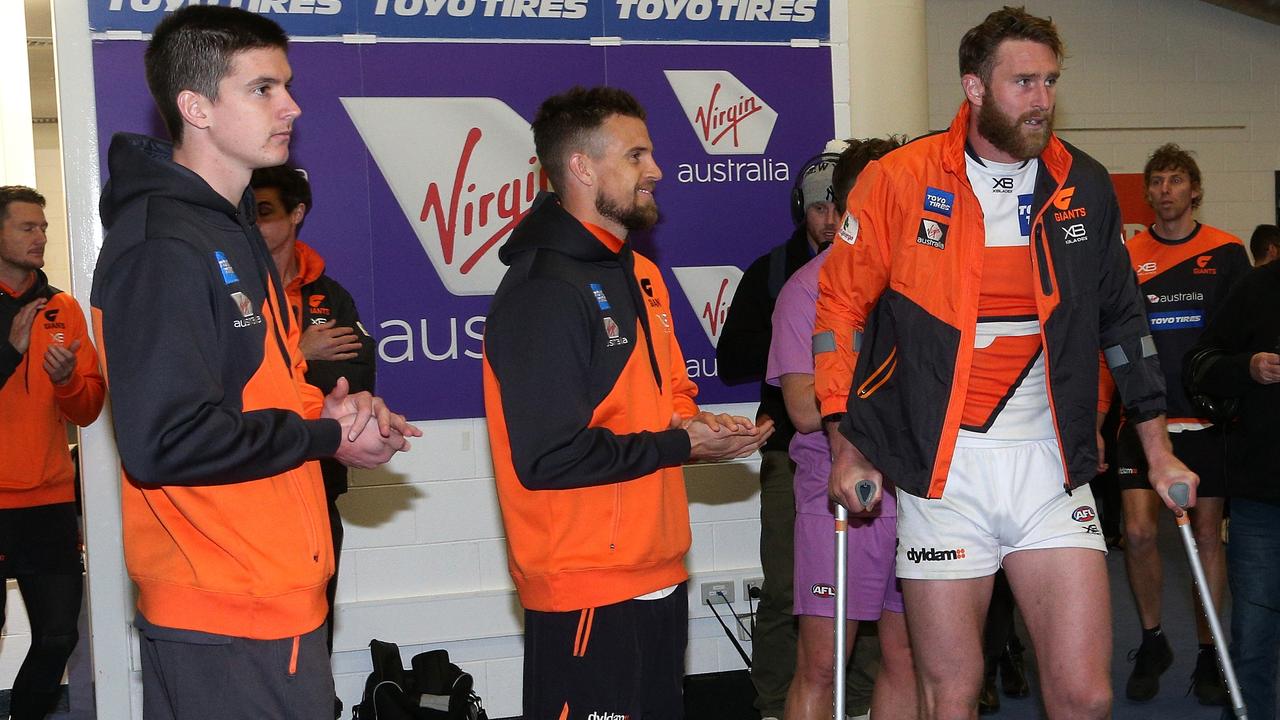 Sam Taylor, Brett Deledio and Dawson Simpson were three of four Giants injured during Round 20’s win over Carlton. (AAP Image/Hamish Blair)