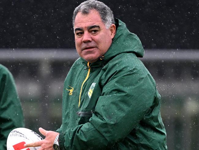 CHRISTCHURCH, NEW ZEALAND - OCTOBER 26: Coach Mal Meninga looks on during an Australian Kangaroos captain's run at Rugby Park on October 26, 2024 in Christchurch, New Zealand. (Photo by Joe Allison/Getty Images)