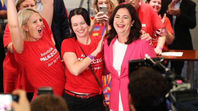 Annastacia Palaszczuk with her sisters Julia and Nadia on arrival to the election after party, Blue Fin Fishing Club, Inala. Photographer: Liam Kidston.