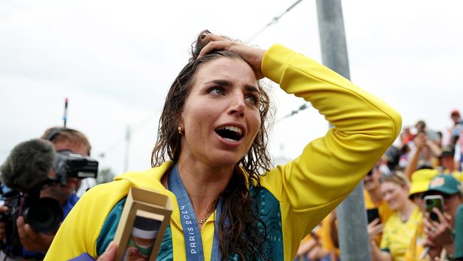 PARIS, FRANCE - JULY 31: Gold medalist Jessica Fox of Team Australia reacts following the Women's Canoe Slalom Single medal ceremony after the Canoe Slalom Women's Canoe Single Final on day five of the Olympic Games Paris 2024 at Vaires-Sur-Marne Nautical Stadium on July 31, 2024 in Paris, France. (Photo by Alex Davidson/Getty Images)