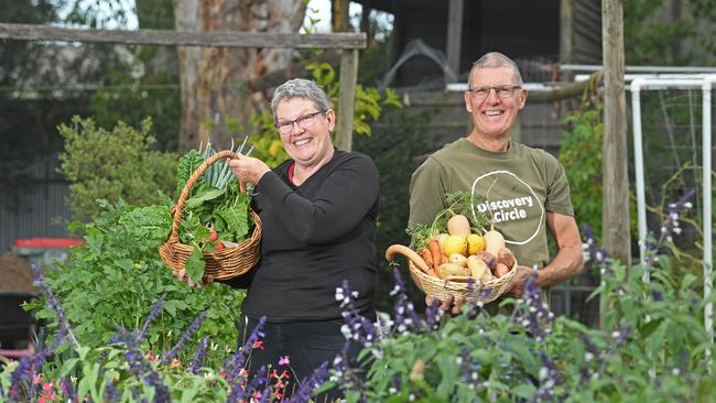 Gabrielle and Nick Yacoumis in their Willaston garden with home grown vegetables. Picture: Tom Huntley