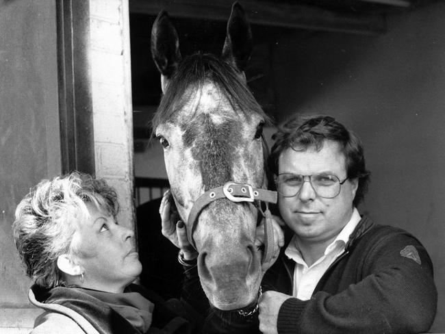 1989. Trainer Greg Mance with wife Diane with Cole Diesel.