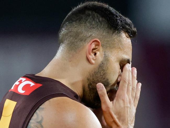 GOLD COAST, AUSTRALIA - APRIL 13: Jarman Impey of the Hawks reacts during the 2024 AFL Round 05 match between the Gold Coast SUNS and the Hawthorn Hawks at People First Stadium on April 13, 2024 in Gold Coast, Australia. (Photo by Russell Freeman/AFL Photos via Getty Images)