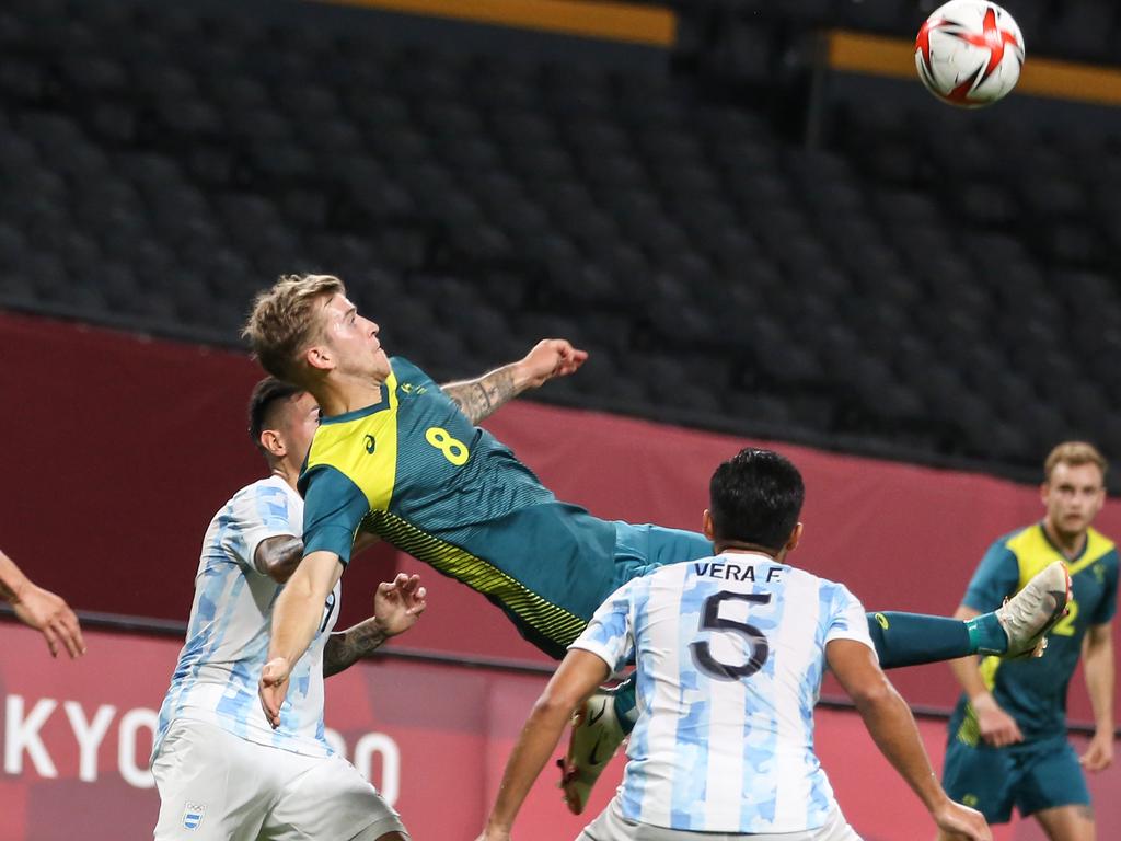 The Arnold-led Olyroos stunned Argentina with a 2-0 win their over the South Americans at the Tokyo 2020 Games. Picture: Ayman Aref/NurPhoto via Getty Images