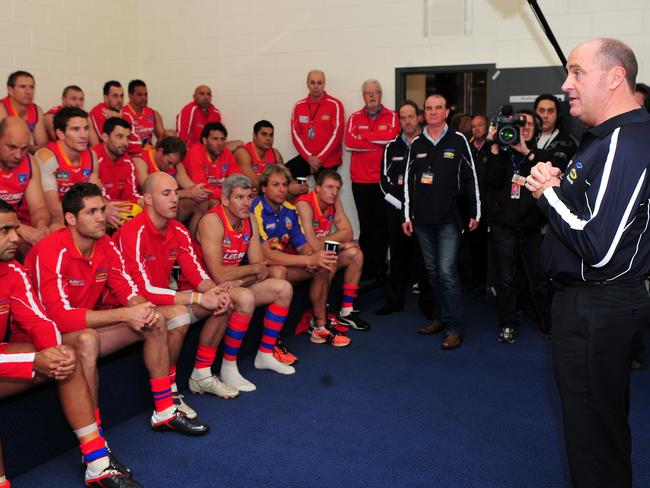 Ted Whitten Jnr addresses the All Stars before the 2012 EJ Whitten Legends game at Etihad Stadium.