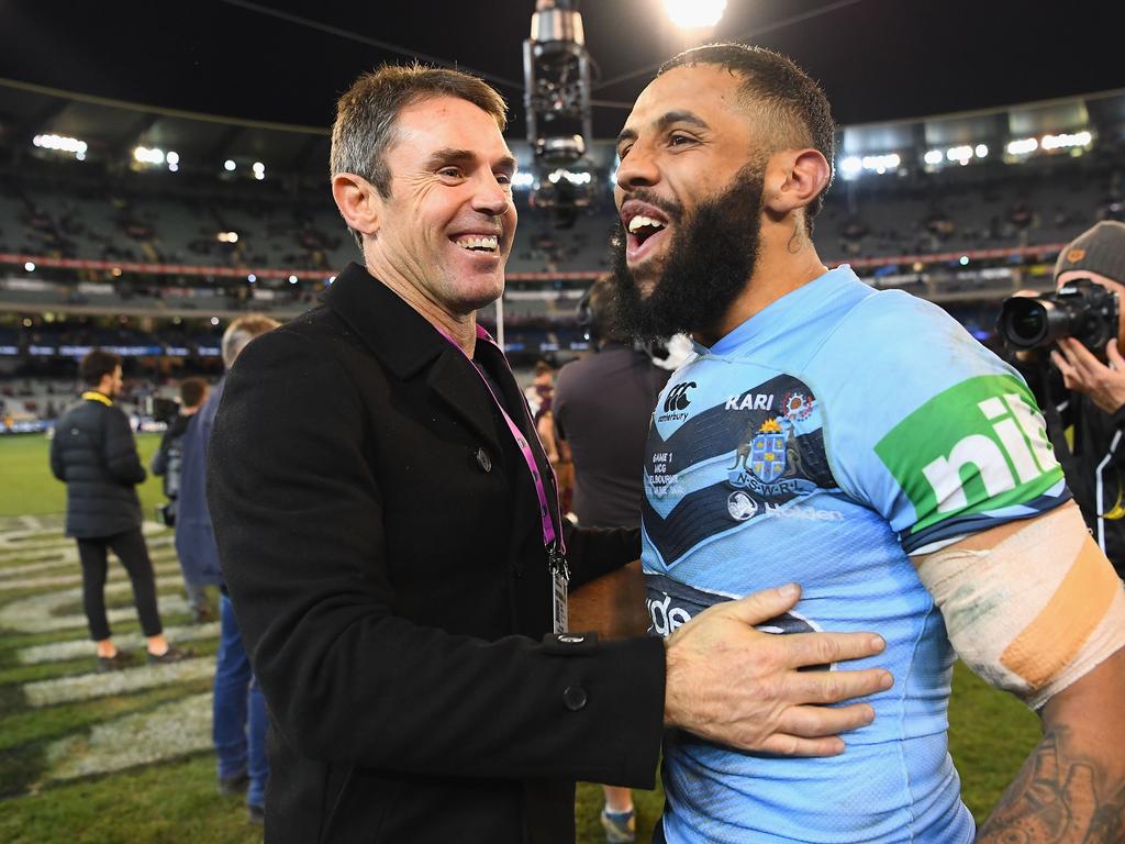 Blues coach Brad Fittler and Josh Addo-Carr back in 2018. Picture: Quinn Rooney/Getty Images