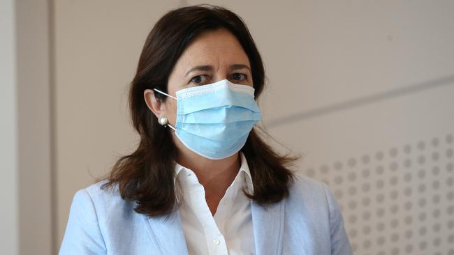 A masked-up Queensland Premier Annastacia Palaszczuk at today’s press conference. (Photo by Jono Searle/Getty Images)