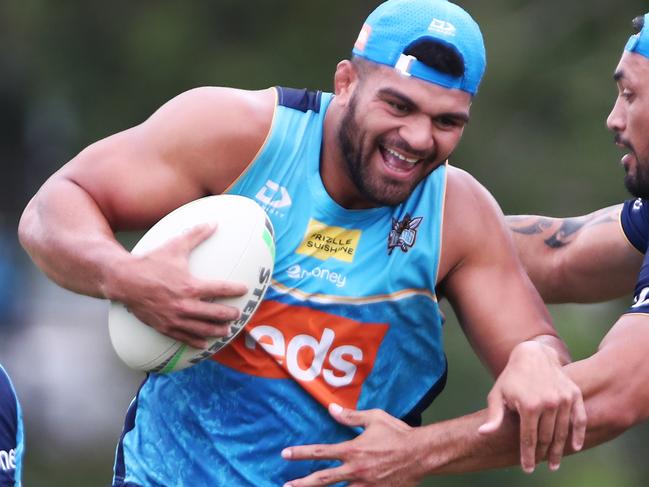 David Fifita in action during a Gold Coast Titans Rugby League Training Session at Parkwood.Photograph : Jason O'Brien