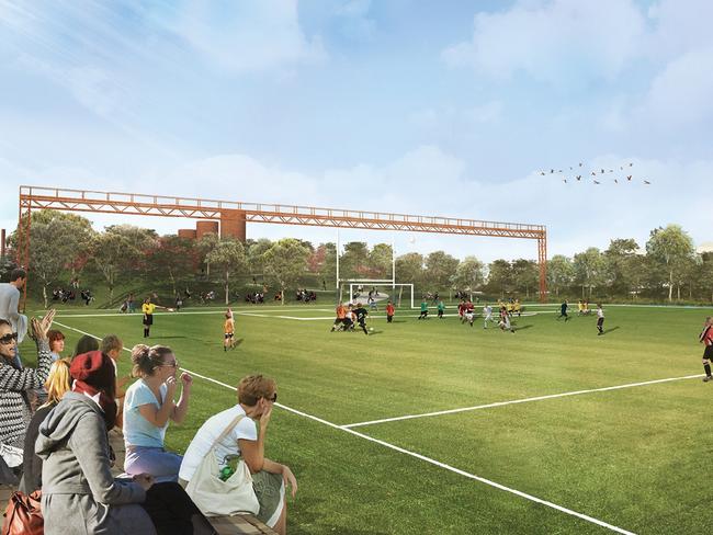 An artists’ impression of a new sports field on the former Rozelle Rail Yards.