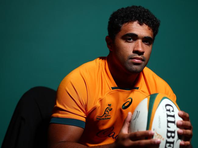 GOLD COAST, AUSTRALIA - JUNE 26: Langi Gleeson poses during a Wallabies Rugby Championship Headshots Session at Sanctuary Cove on June 26, 2023 in Gold Coast, Australia. (Photo by Chris Hyde/Getty Images)