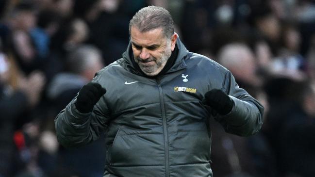 LONDON, ENGLAND - FEBRUARY 16: Ange Postecoglou, Manager of Tottenham Hotspur, celebrates after James Maddison of Tottenham Hotspur (not pictured) scores his team's first goal during the Premier League match between Tottenham Hotspur FC and Manchester United FC at Tottenham Hotspur Stadium on February 16, 2025 in London, England. (Photo by Justin Setterfield/Getty Images)