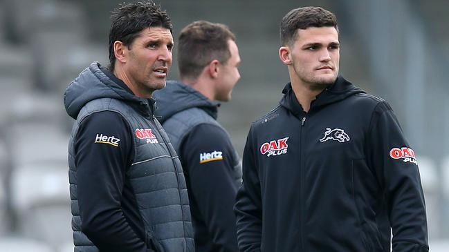 Trent Barrett, left, has sparked the Panthers attack this season and is the favourite to be given the job at the Bulldogs. Picture: Getty Images