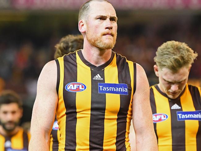 MELBOURNE, AUSTRALIA - SEPTEMBER 14:  Jarryd Roughead of the Hawks looks dejected after losing the AFL Semi Final match between the Hawthorn Hawks and the Melbourne Demons at the Melbourne Cricket Ground on September 14, 2018 in Melbourne, Australia.  (Photo by Quinn Rooney/Getty Images)