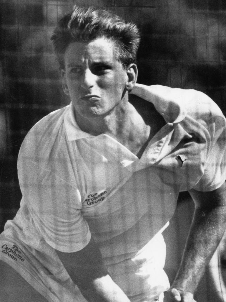 Queensland cricketer Michael Kasprowicz bowling in the Adelaide Oval nets, 07 Mar 1990.