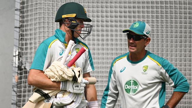 Marnus Labuschagne and Justin Langer in the nets.