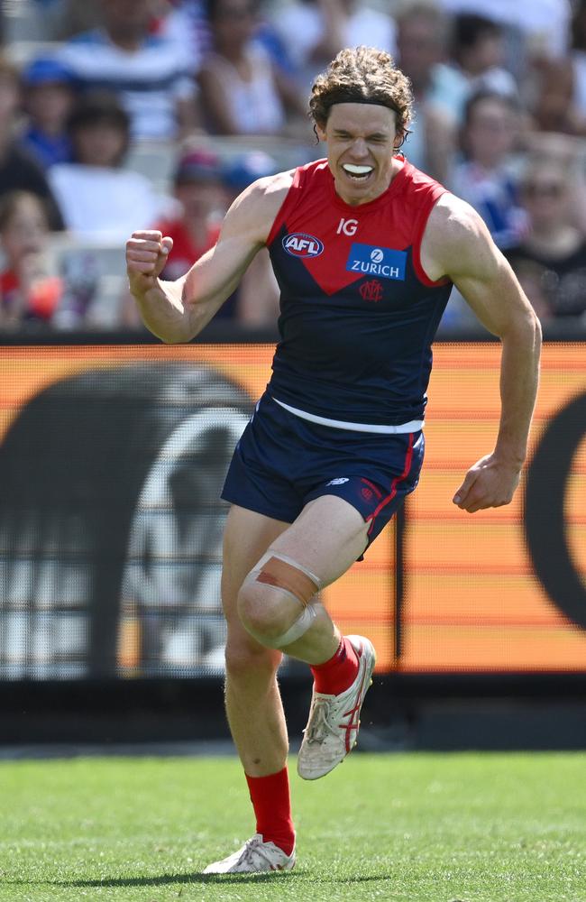 Ben Brown of the Demons celebrates kicking a goal during the round one AFL match between Melbourne Demons and Western Bulldogs Picture: Quinn Rooney/Getty Images