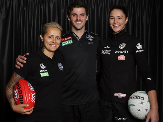 Collingwood's three captains Scott Pendlebury, Moana Hope football (left) and Sharni Layton netball (right) Picture:Wayne Ludbey