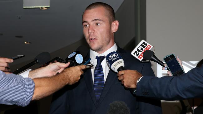 Pictured at the NRL judiciary at Moore Park is Bulldogs player David Klemmer, who is fronting the judiciary for making contact with a referee. Picture: Richard Dobson