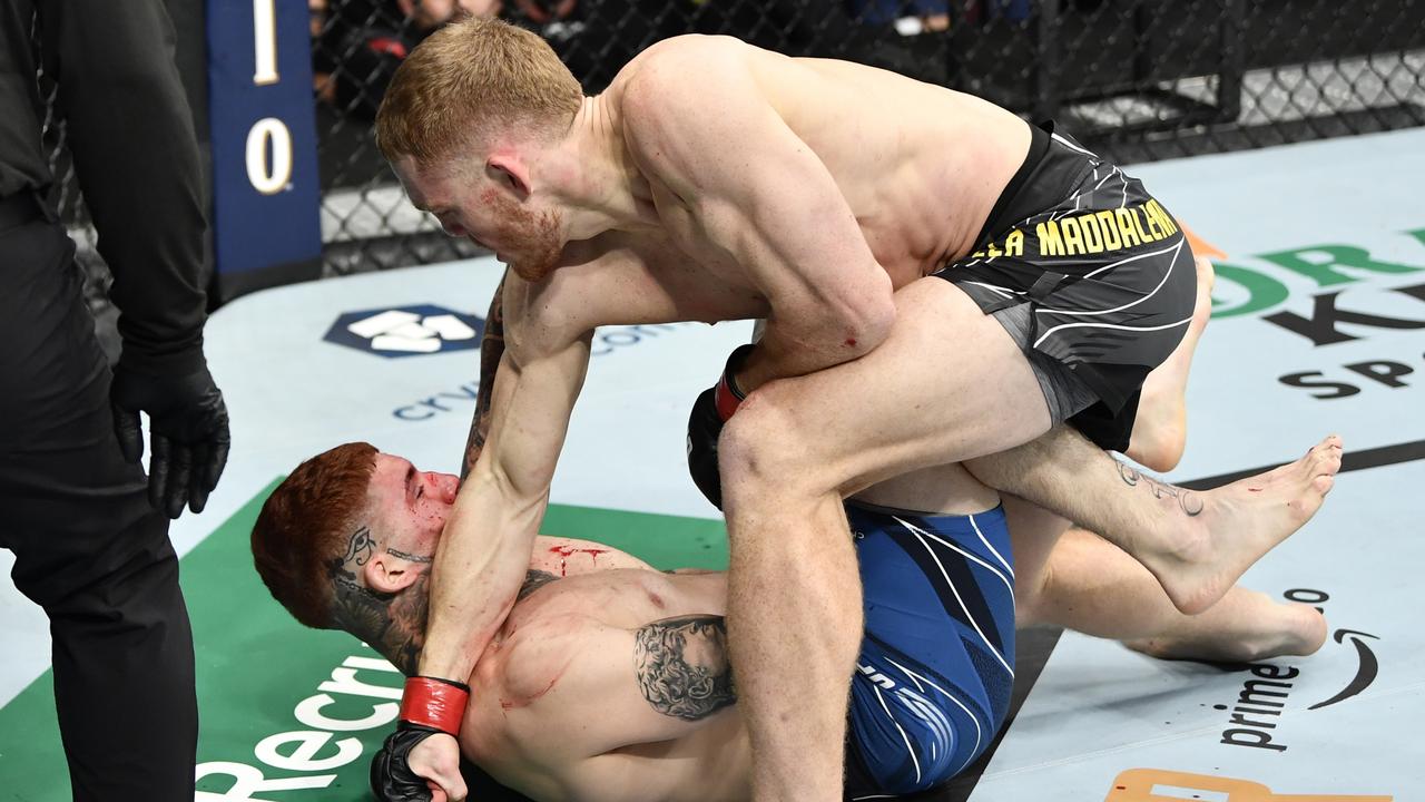 Jack Della Maddalena lands on Pete Rodriguez in his UFC debut. Photo by Chris Unger/Zuffa LLC