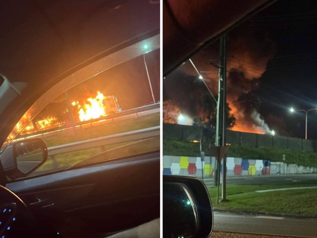 A truck caught fire following a crash in Loganlea on Tuesday night. Picture: Facebook.