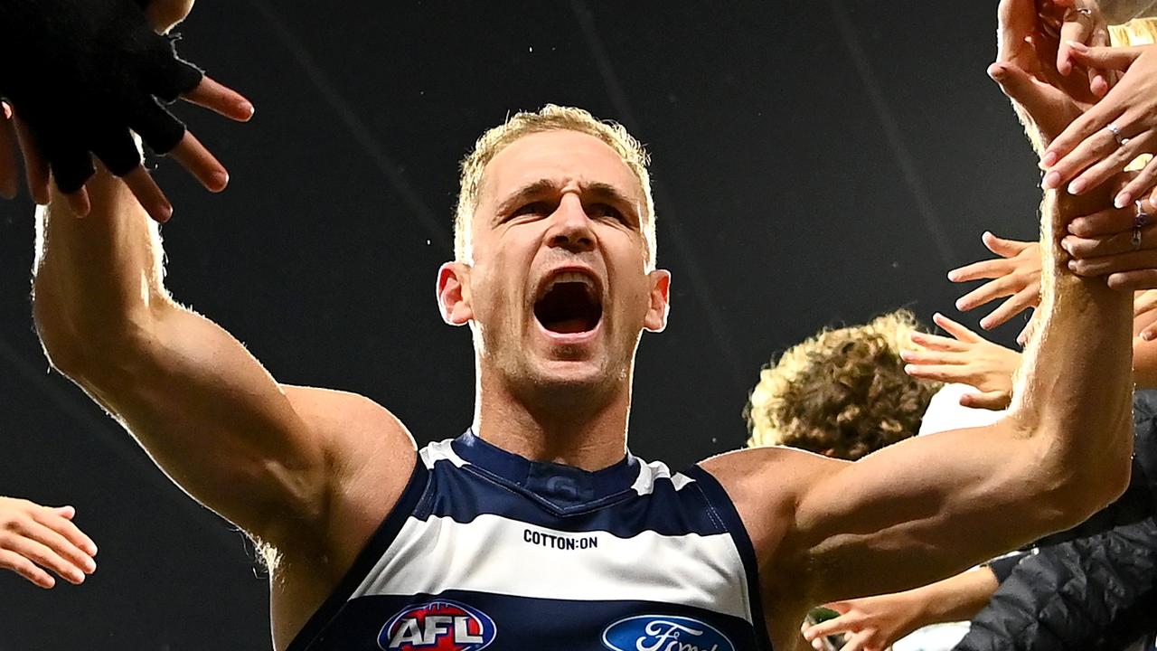 Geelong skipper Joel Selwood was crucial in the final moments for the Cats in his record-breaking game. Picture: Getty Images