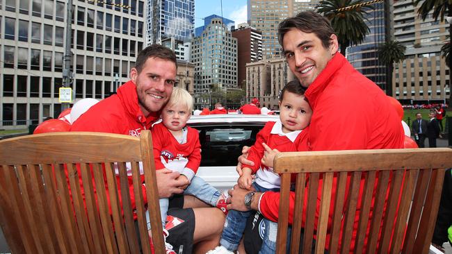 Ben McGlynn and his son Sonny and Josh Kennedy and his son Emilio. Picture: Phil Hillyard