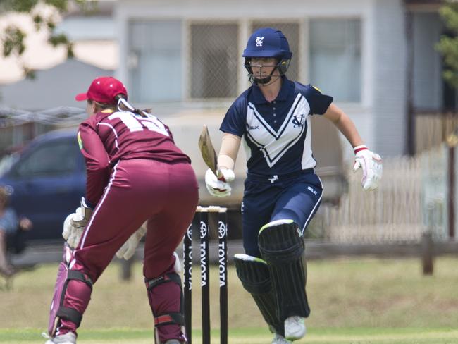 Jordan Watson of Victoria is safe from Queensland wicketkeeper Samantha Dixon in Australian Country Cricket Championships women's division round one cricket at Harristown Park, Sunday, January 5, 2020. Picture: Kevin Farmer