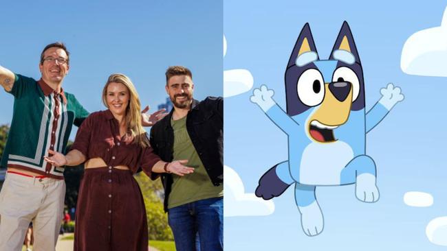 B105 radio hosts Stav Davidson, Abby Coleman and Matty Acton with Bluey.