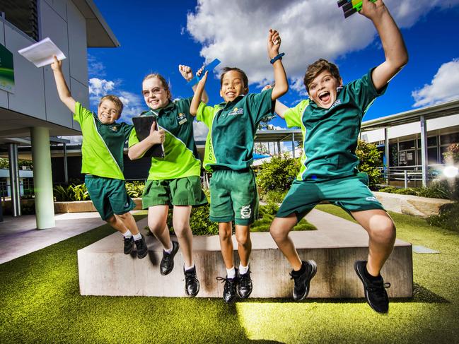 Sunnybank Hills State School students Hayden Davies, Year 4, Katie Bourke, Year 6, Mason Huang, Year 6, and Elijah Robinson, Year 6 who all had terrific NAPLAN results. Picture: NIGEL HALLETT