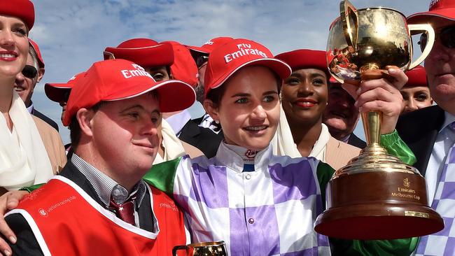 Michelle Payne and brother Stevie after Prince Of Penzance won the Melbourne Cup in 2015. Picture: Jay Town