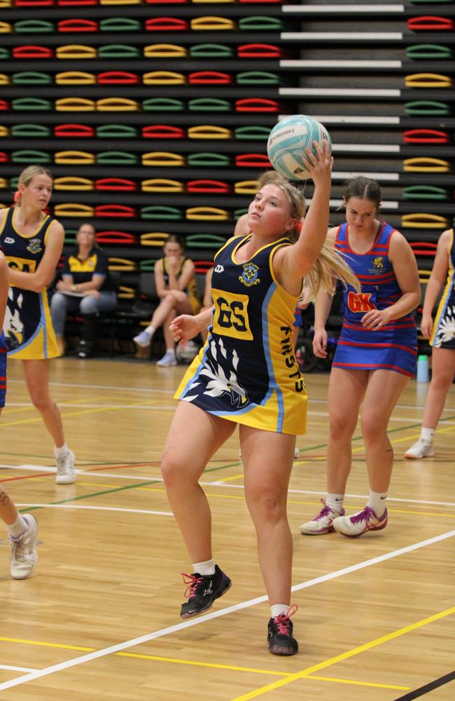 Netball action at QISSN 2024 held in Townsville. St Columbans College v Downlands College
