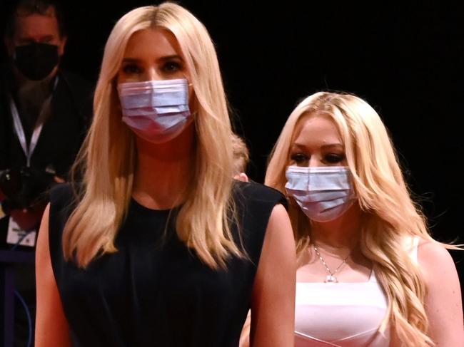 (From L) Daughter and Senior Advisor to the US President Ivanka Trump, daughter of the US President Tiffany Trump, campaign adviser to the US President and Eric Trump's wife Lara Trump wear facemasks as they arrive to attend the final presidential debate at Belmont University in Nashville, Tennessee, on October 22, 2020. (Photo by JIM WATSON / AFP)