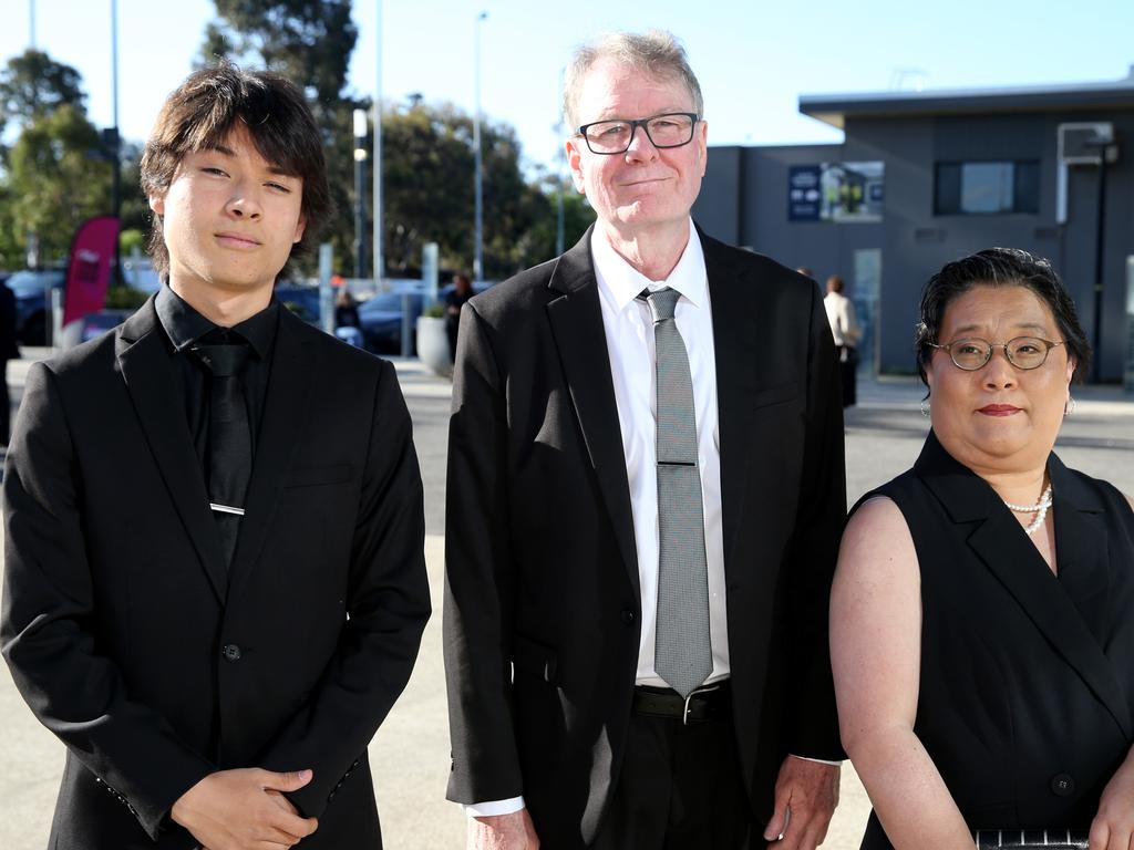 Geelong High graduation at GMHBA Stadium. Alex, Mark and Yuriko Bonnor. Picture: Mike Dugdale