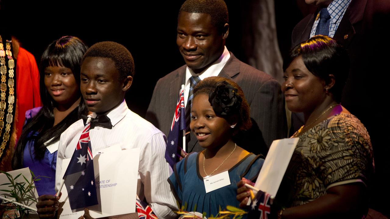 (from left) Bertha, Charles, Abraham, Sandra and Maddi Miller. Citizenship ceremony at Empire Church Theatre. Photo Nev Madsen / The Chronicle