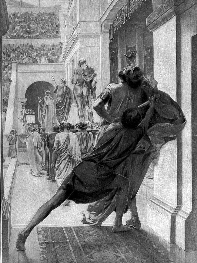 Andre Castaigne's 1895 illustration of Philip II of Macedon assassinated by Pausanius in the procession to the theatre in 336.