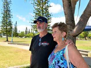 GRIEVING: Peter and Margaret Frewer (Cam's parents) at Kawana Island on Saturday. Picture: John McCutcheon
