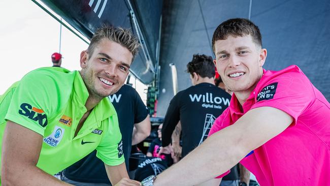 The cricketers aboard the supermaxi Willow before the Sydney to Hobart. Pic: Supplied