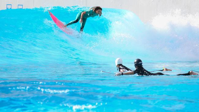 Surfer Summa Longbottom throwing a snap at Sydney’s first ever surf appropriate wave pool, URBNSURF. Picture: Newscorp - Daily Telegraph / Gaye Gerard