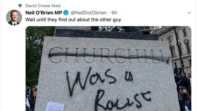 A tweet posted by Neil O'Brien MP showing the defaced Winston Churchhill statue near Westminster.