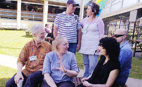 Shared vision: Attending the Down Under Institute conference are (front, from left) Jack Pearpoint, from Inclusion Press in Canada, Multitask board member Naomi Serone and Lynda Kahn, from Inclusion Press; (rear) Myles McPhee and Liz Gehrig, both from Multitask. Picture: Cathy Adams